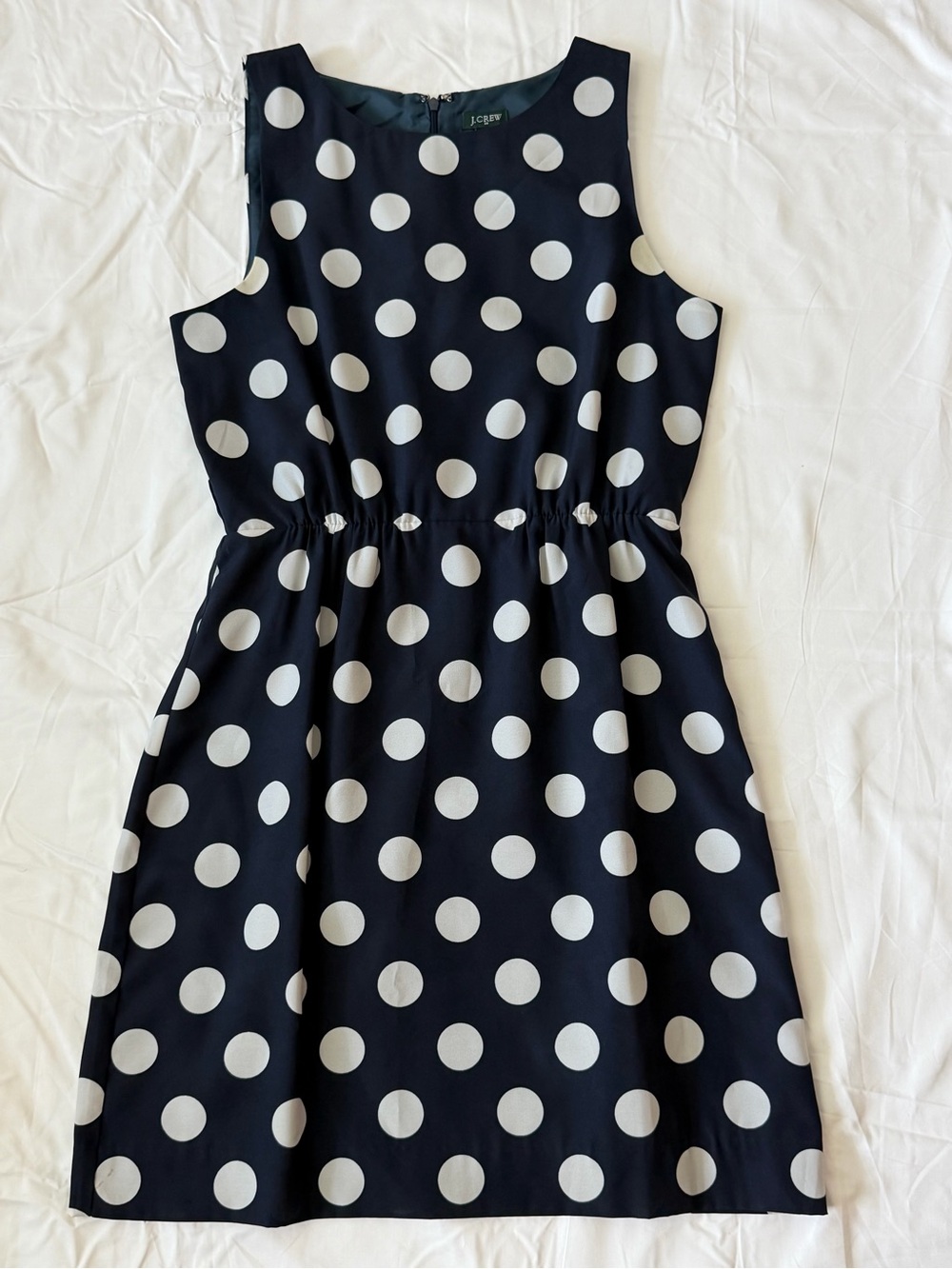 J.Crew Navy Polka Dot Dress Size 6 White Dots Ruched Back Zip
